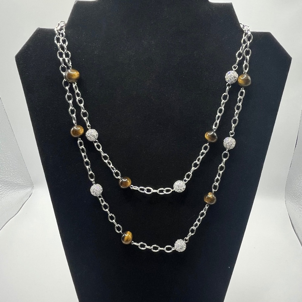 ESPO Joseph Esposito 925 Sterling Silver Tiger's Eye CZ Double Strand Necklace